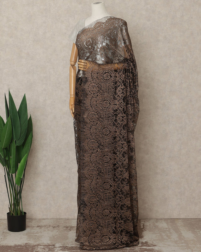 Bronze Premium French Metallic Chantilly Lace Saree Fabric, 5.5 Mtrs Length, 110 Cms Width, Crafted in France – Rich Floral Metallic Lace Detailing, Blouse Not Included-D26412