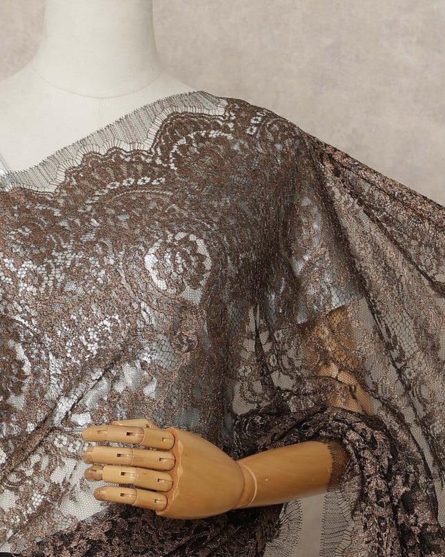 Bronze Premium French Metallic Chantilly Lace Saree Fabric, 5.5 Mtrs Length, 110 Cms Width, Crafted in France – Rich Floral Metallic Lace Detailing, Blouse Not Included-D26412