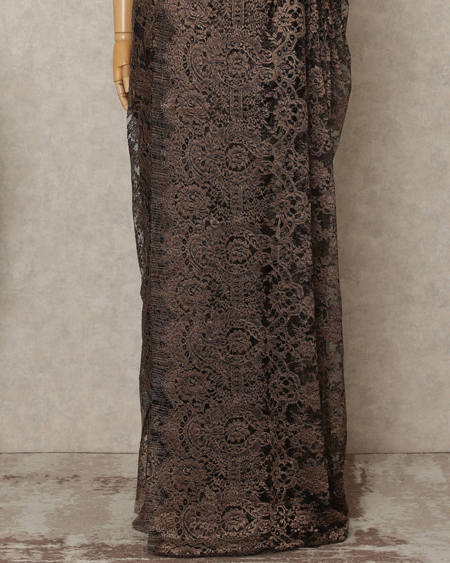 Bronze Premium French Metallic Chantilly Lace Saree Fabric, 5.5 Mtrs Length, 110 Cms Width, Crafted in France – Rich Floral Metallic Lace Detailing, Blouse Not Included-D26412