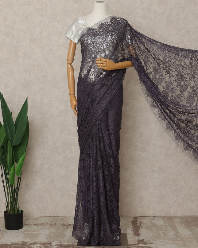 Charcoal Purple Premium French Metallic Chantilly Lace Saree Fabric, 5.5 Mtrs Length, 110 Cms Width, Crafted in France – Luxe Metallic Floral Lace, Blouse Not Included-D26433