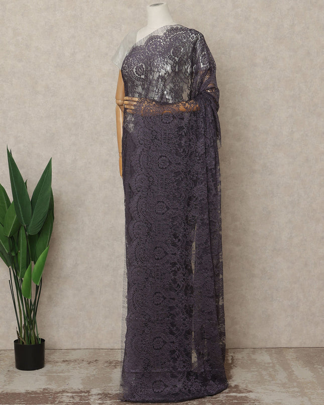 Charcoal Purple Premium French Metallic Chantilly Lace Saree Fabric, 5.5 Mtrs Length, 110 Cms Width, Crafted in France – Luxe Metallic Floral Lace, Blouse Not Included-D26433