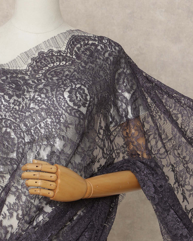 Charcoal Purple Premium French Metallic Chantilly Lace Saree Fabric, 5.5 Mtrs Length, 110 Cms Width, Crafted in France – Luxe Metallic Floral Lace, Blouse Not Included-D26433