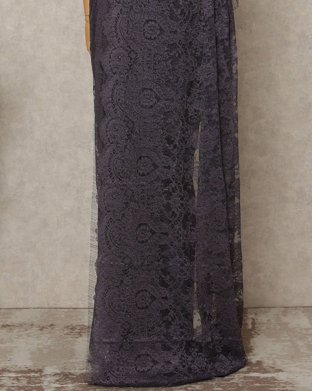 Charcoal Purple Premium French Metallic Chantilly Lace Saree Fabric, 5.5 Mtrs Length, 110 Cms Width, Crafted in France – Luxe Metallic Floral Lace, Blouse Not Included-D26433