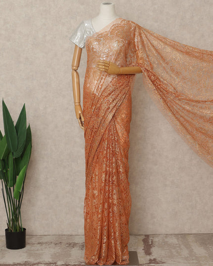 Burnt Peach Premium French Metallic Chantilly Lace Saree Fabric, 5.5 Mtrs Length, 110 Cms Width, Crafted in France – Rich Metallic Floral Lace, Blouse Not Included-D26429
