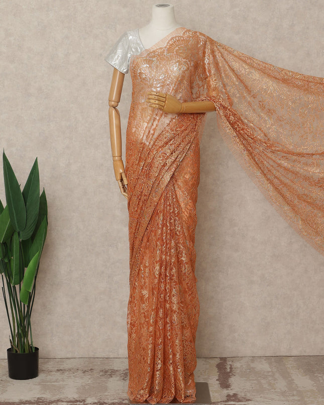 Burnt Peach Premium French Metallic Chantilly Lace Saree Fabric, 5.5 Mtrs Length, 110 Cms Width, Crafted in France – Rich Metallic Floral Lace, Blouse Not Included-D26429