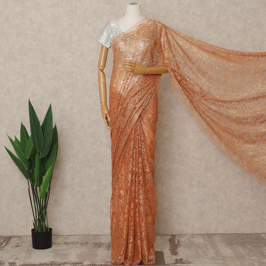 Burnt Peach Premium French Metallic Chantilly Lace Saree Fabric, 5.5 Mtrs Length, 110 Cms Width, Crafted in France – Rich Metallic Floral Lace, Blouse Not Included-D26429