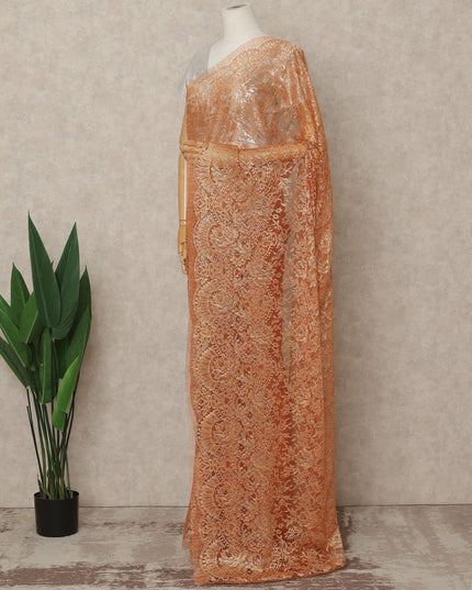 Burnt Peach Premium French Metallic Chantilly Lace Saree Fabric, 5.5 Mtrs Length, 110 Cms Width, Crafted in France – Rich Metallic Floral Lace, Blouse Not Included-D26429