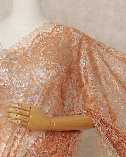 Burnt Peach Premium French Metallic Chantilly Lace Saree Fabric, 5.5 Mtrs Length, 110 Cms Width, Crafted in France – Rich Metallic Floral Lace, Blouse Not Included-D26429