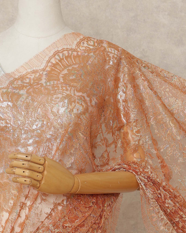 Burnt Peach Premium French Metallic Chantilly Lace Saree Fabric, 5.5 Mtrs Length, 110 Cms Width, Crafted in France – Rich Metallic Floral Lace, Blouse Not Included-D26429