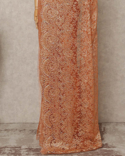 Burnt Peach Premium French Metallic Chantilly Lace Saree Fabric, 5.5 Mtrs Length, 110 Cms Width, Crafted in France – Rich Metallic Floral Lace, Blouse Not Included-D26429