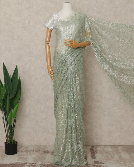 Sage Green Premium French Metallic Chantilly Lace Saree Fabric, 5.5 Mtrs Length, 110 Cms Width, Crafted in France – Elegant Metallic Floral Lace, Blouse Not Included-D26413
