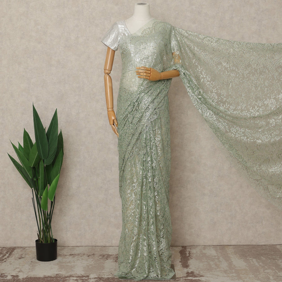 Sage Green Premium French Metallic Chantilly Lace Saree Fabric, 5.5 Mtrs Length, 110 Cms Width, Crafted in France – Elegant Metallic Floral Lace, Blouse Not Included-D26413