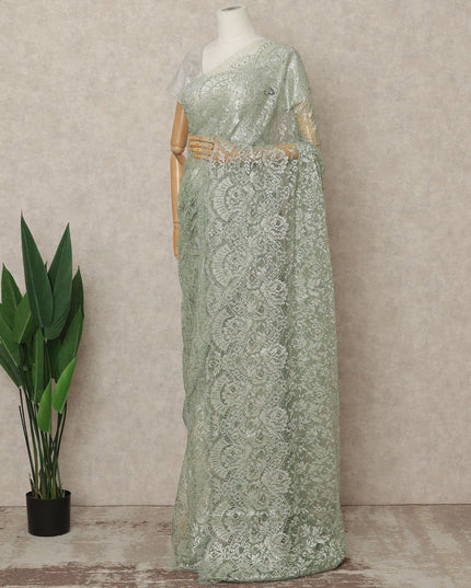 Sage Green Premium French Metallic Chantilly Lace Saree Fabric, 5.5 Mtrs Length, 110 Cms Width, Crafted in France – Elegant Metallic Floral Lace, Blouse Not Included-D26413