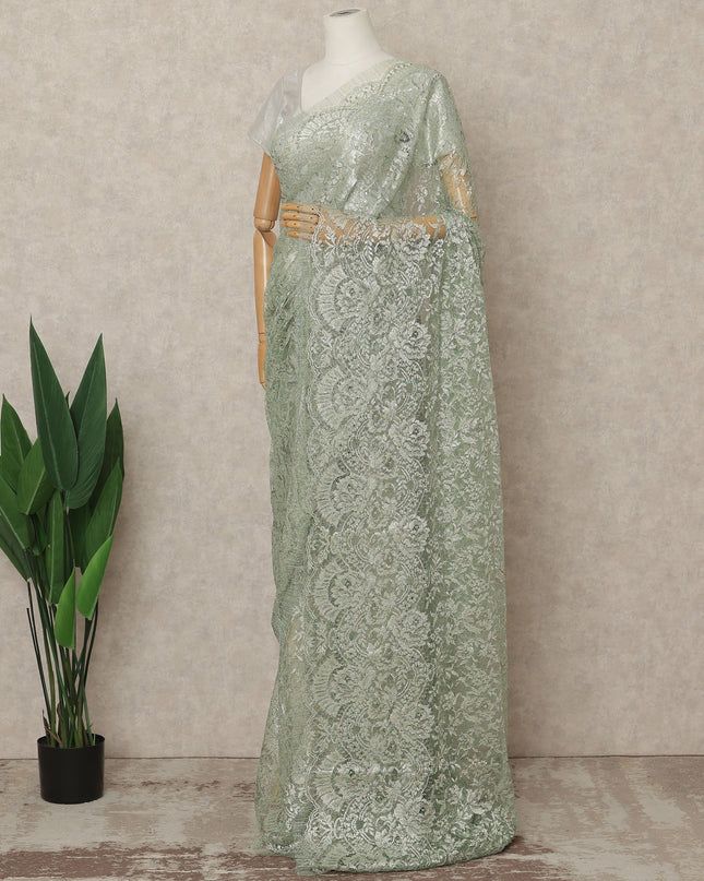 Sage Green Premium French Metallic Chantilly Lace Saree Fabric, 5.5 Mtrs Length, 110 Cms Width, Crafted in France – Elegant Metallic Floral Lace, Blouse Not Included-D26413