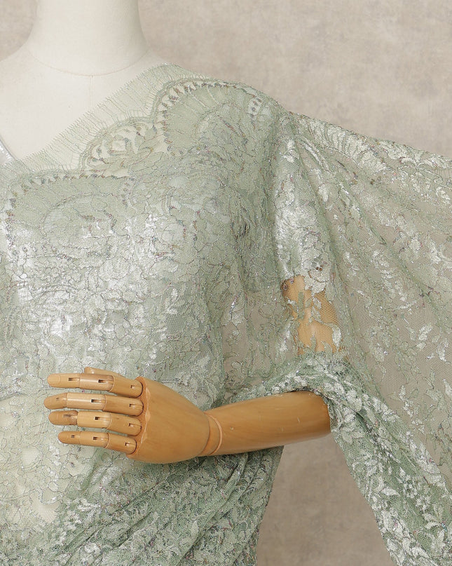 Sage Green Premium French Metallic Chantilly Lace Saree Fabric, 5.5 Mtrs Length, 110 Cms Width, Crafted in France – Elegant Metallic Floral Lace, Blouse Not Included-D26413