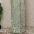 Sage Green Premium French Metallic Chantilly Lace Saree Fabric, 5.5 Mtrs Length, 110 Cms Width, Crafted in France – Elegant Metallic Floral Lace, Blouse Not Included-D26413
