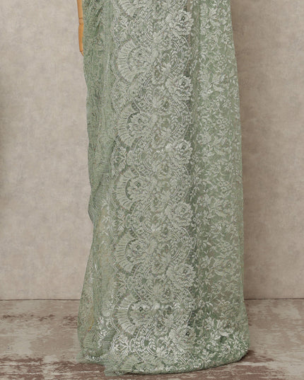 Sage Green Premium French Metallic Chantilly Lace Saree Fabric, 5.5 Mtrs Length, 110 Cms Width, Crafted in France – Elegant Metallic Floral Lace, Blouse Not Included-D26413