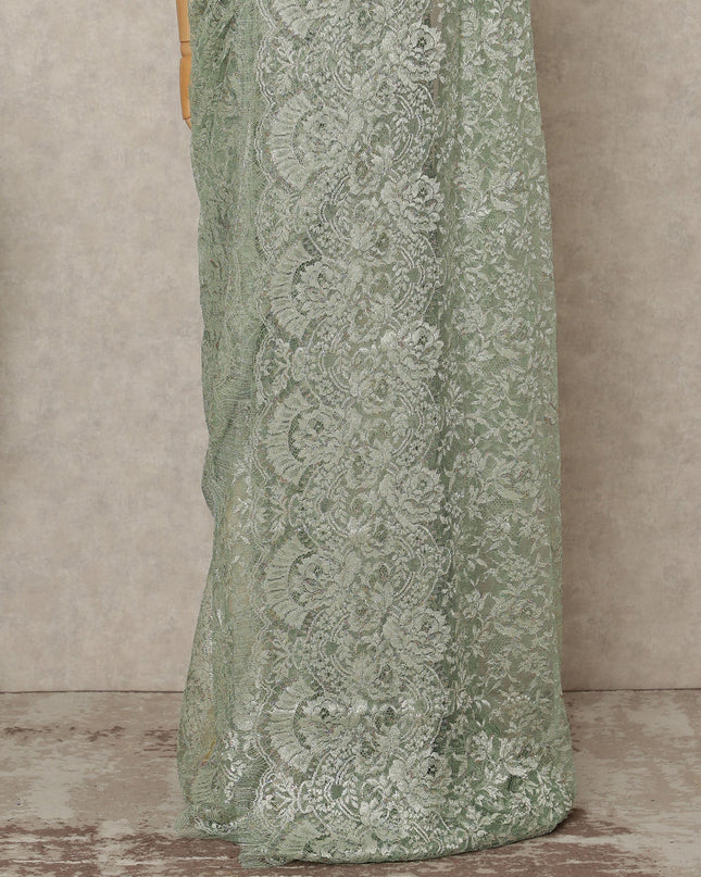 Sage Green Premium French Metallic Chantilly Lace Saree Fabric, 5.5 Mtrs Length, 110 Cms Width, Crafted in France – Elegant Metallic Floral Lace, Blouse Not Included-D26413