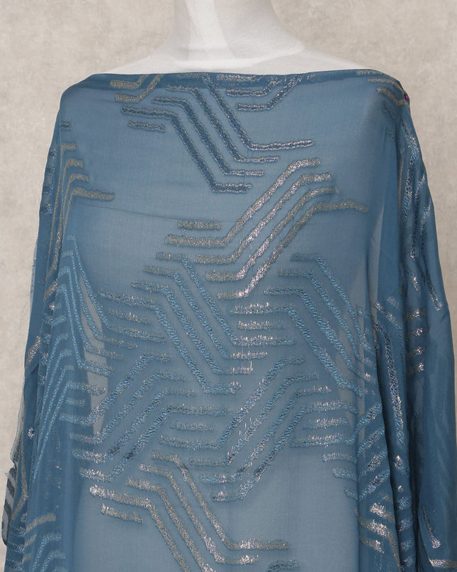Teal Blue Pure Silk Chiffon Somali Dirac Fabric with Metallic Lurex, 3.5 Mtrs, Width 140 Cms, Made in South Korea-D24531