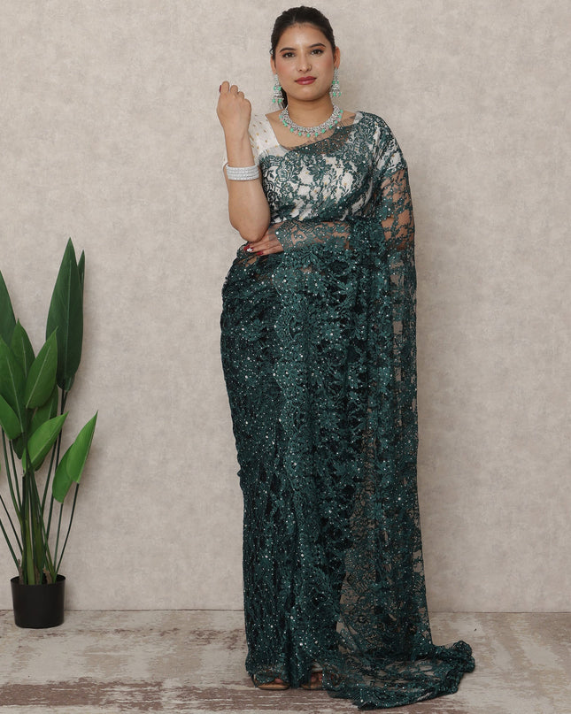 Emerald Green Premium French Chantilly Lace Saree with Stone Work, 5.5 Mtrs Length, 110 Cms Width, Made in France-D24436 - Regal Fabrics