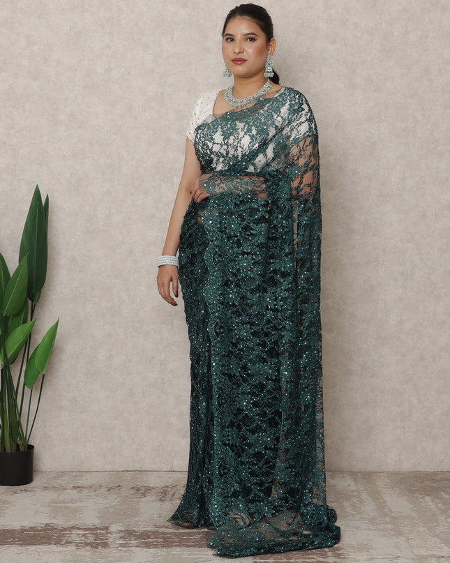 Emerald Green Premium French Chantilly Lace Saree with Stone Work, 5.5 Mtrs Length, 110 Cms Width, Made in France-D24436 - Regal Fabrics