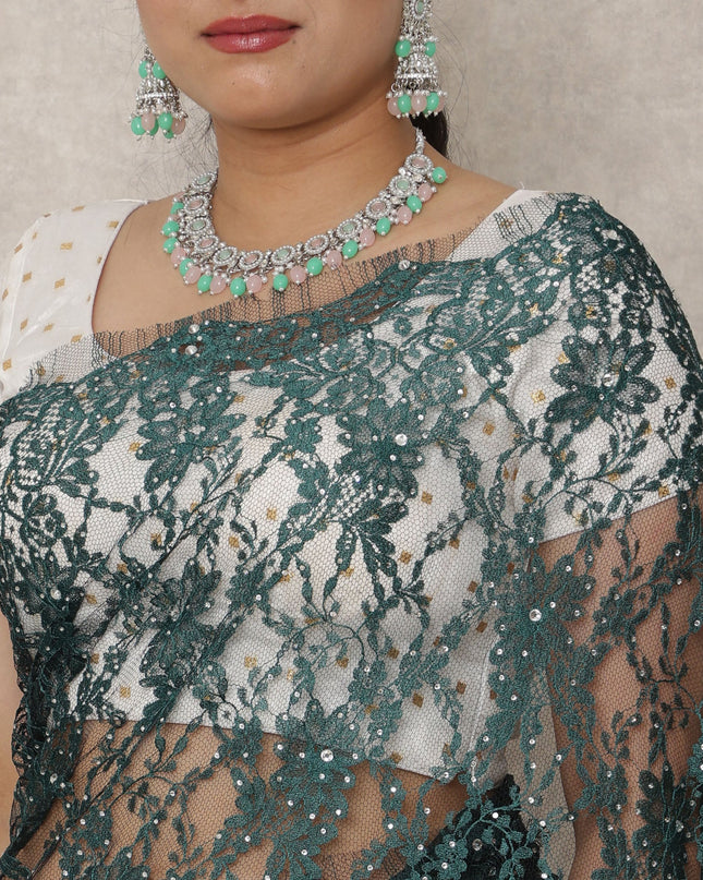 Emerald Green Premium French Chantilly Lace Saree with Stone Work, 5.5 Mtrs Length, 110 Cms Width, Made in France-D24436 - Regal Fabrics