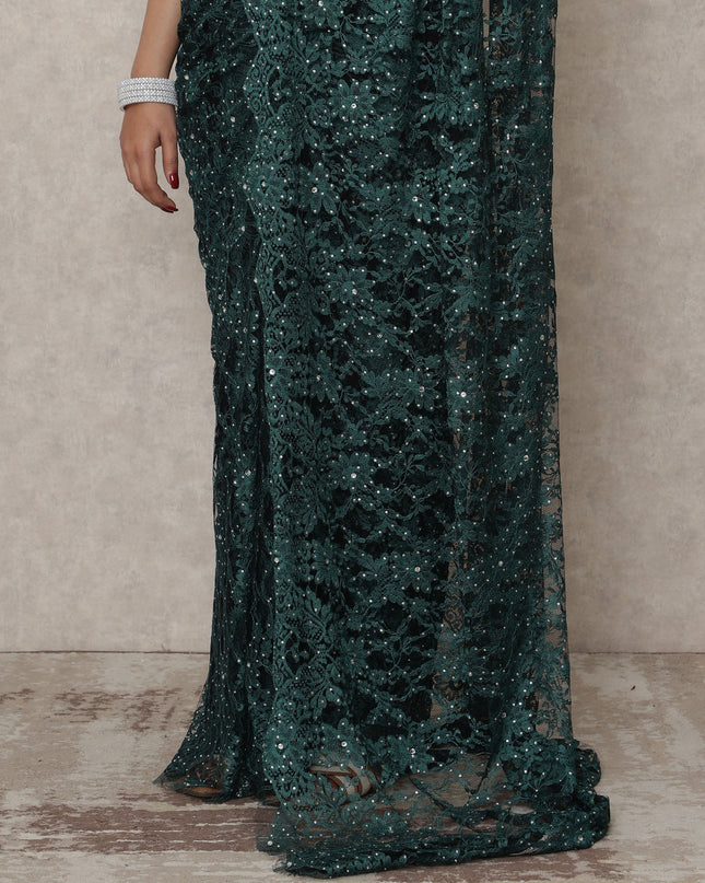 Emerald Green Premium French Chantilly Lace Saree with Stone Work, 5.5 Mtrs Length, 110 Cms Width, Made in France-D24436 - Regal Fabrics