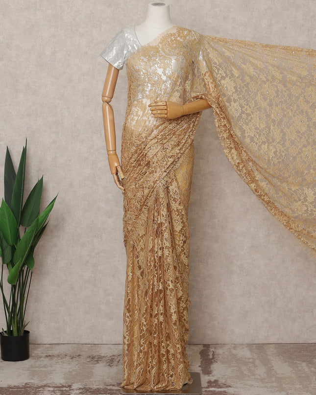 Golden Premium French 2Tone Chantilly Lace Saree Fabric with Stone Work – 5.5 Meters Length, 110 Cms Width, Imported from France-D25725