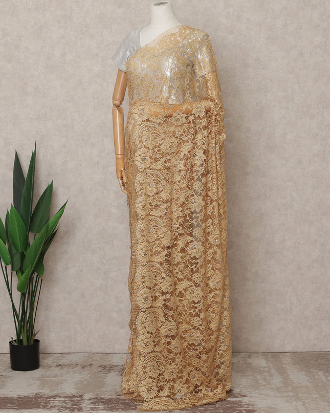 Golden Premium French 2Tone Chantilly Lace Saree Fabric with Stone Work – 5.5 Meters Length, 110 Cms Width, Imported from France-D25725