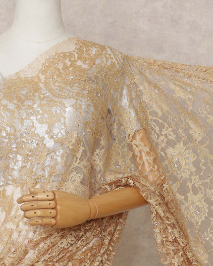 Golden Premium French 2Tone Chantilly Lace Saree Fabric with Stone Work – 5.5 Meters Length, 110 Cms Width, Imported from France-D25725