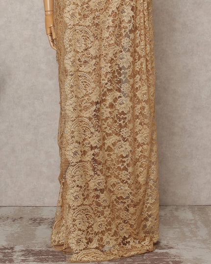 Golden Premium French 2Tone Chantilly Lace Saree Fabric with Stone Work – 5.5 Meters Length, 110 Cms Width, Imported from France-D25725