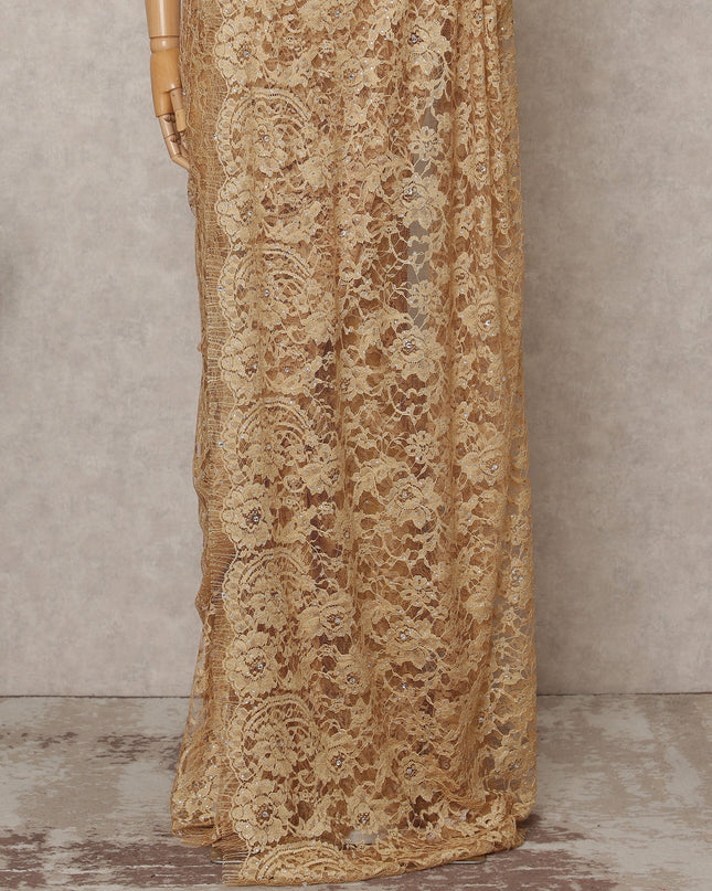 Golden Premium French 2Tone Chantilly Lace Saree Fabric with Stone Work – 5.5 Meters Length, 110 Cms Width, Imported from France-D25725