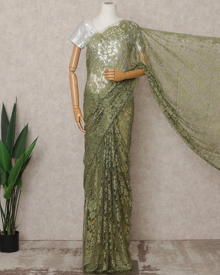 Olive Green Premium French 2Tone Chantilly Lace Saree Fabric with Stone Work – 5.5 Meters Length, 110 Cms Width, Imported from France-D25729