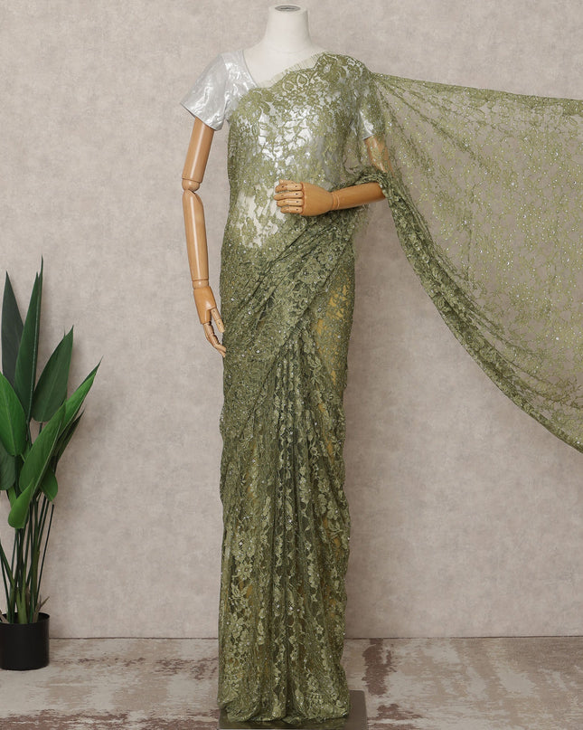 Olive Green Premium French 2Tone Chantilly Lace Saree Fabric with Stone Work – 5.5 Meters Length, 110 Cms Width, Imported from France-D25729