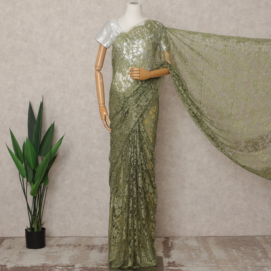 Olive Green Premium French 2Tone Chantilly Lace Saree Fabric with Stone Work – 5.5 Meters Length, 110 Cms Width, Imported from France-D25729