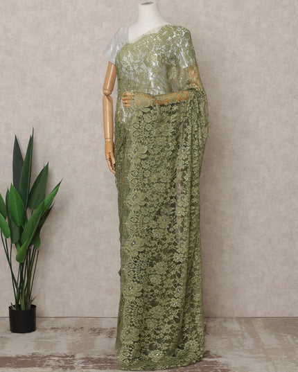 Olive Green Premium French 2Tone Chantilly Lace Saree Fabric with Stone Work – 5.5 Meters Length, 110 Cms Width, Imported from France-D25729