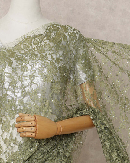 Olive Green Premium French 2Tone Chantilly Lace Saree Fabric with Stone Work – 5.5 Meters Length, 110 Cms Width, Imported from France-D25729