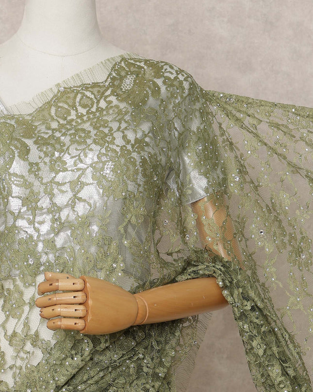 Olive Green Premium French 2Tone Chantilly Lace Saree Fabric with Stone Work – 5.5 Meters Length, 110 Cms Width, Imported from France-D25729