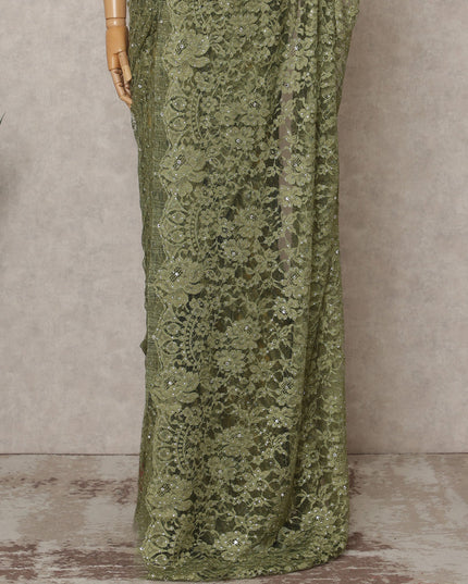 Olive Green Premium French 2Tone Chantilly Lace Saree Fabric with Stone Work – 5.5 Meters Length, 110 Cms Width, Imported from France-D25729