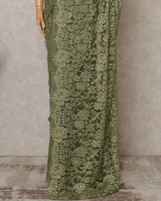 Olive Green Premium French 2Tone Chantilly Lace Saree Fabric with Stone Work – 5.5 Meters Length, 110 Cms Width, Imported from France-D25729
