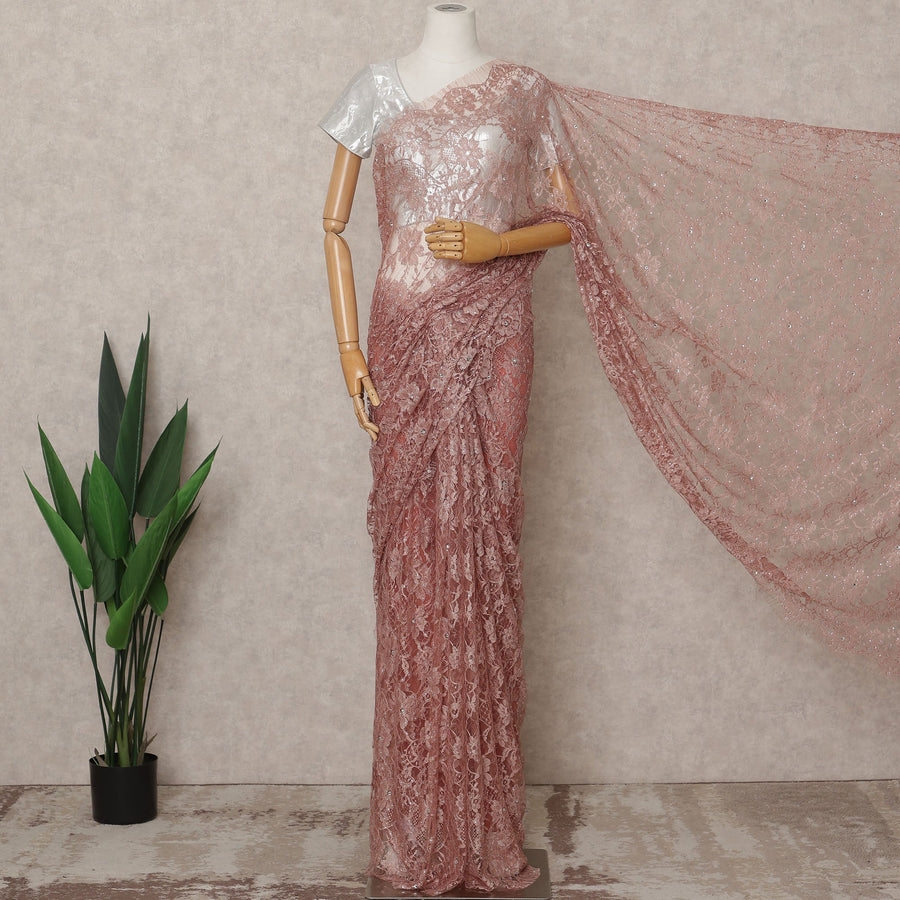 Dusty Rose Premium French 2Tone Chantilly Lace Saree Fabric with Stone Work – 5.5 Meters Length, 110 Cms Width, Imported from France-D25726