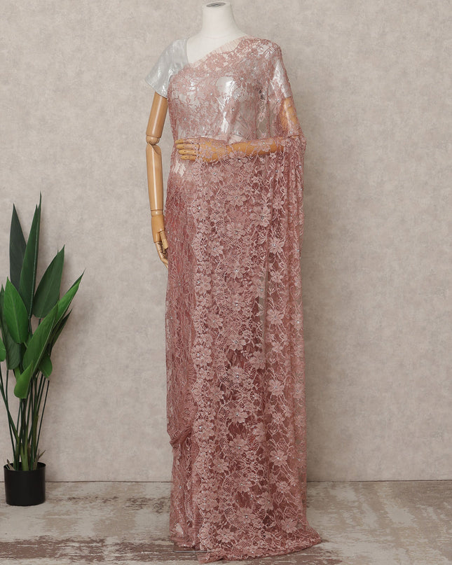 Dusty Rose Premium French 2Tone Chantilly Lace Saree Fabric with Stone Work – 5.5 Meters Length, 110 Cms Width, Imported from France-D25726