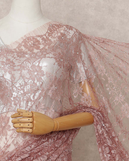 Dusty Rose Premium French 2Tone Chantilly Lace Saree Fabric with Stone Work – 5.5 Meters Length, 110 Cms Width, Imported from France-D25726