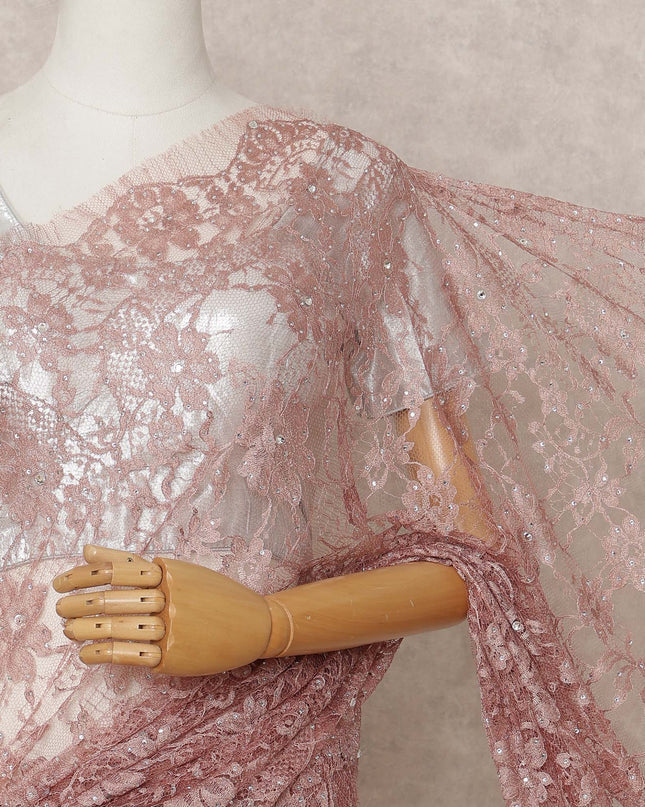 Dusty Rose Premium French 2Tone Chantilly Lace Saree Fabric with Stone Work – 5.5 Meters Length, 110 Cms Width, Imported from France-D25726
