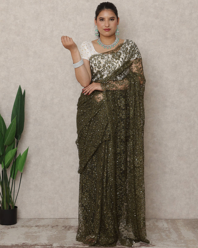 Deep Olive Green Premium French Chantilly Lace Saree with Stone Work, 5.5 Mtrs Length, 110 Cms Width, Made in France-D24429