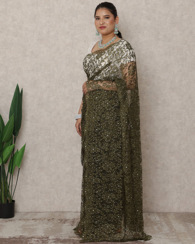 Deep Olive Green Premium French Chantilly Lace Saree with Stone Work, 5.5 Mtrs Length, 110 Cms Width, Made in France-D24429