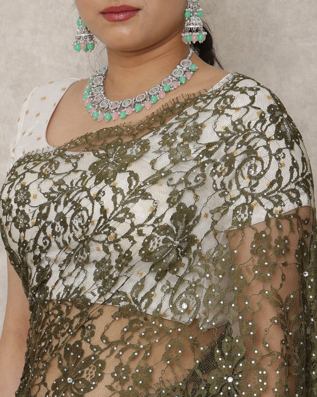 Deep Olive Green Premium French Chantilly Lace Saree with Stone Work, 5.5 Mtrs Length, 110 Cms Width, Made in France-D24429