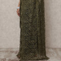 ساري فرنسي فاخر من الدانتيل الشانتيلي باللون الأخضر الزيتوني الغامق مع تطريز حجري، طول 5.5 متر، عرض 110 سم، صنع في فرنسا - D24429