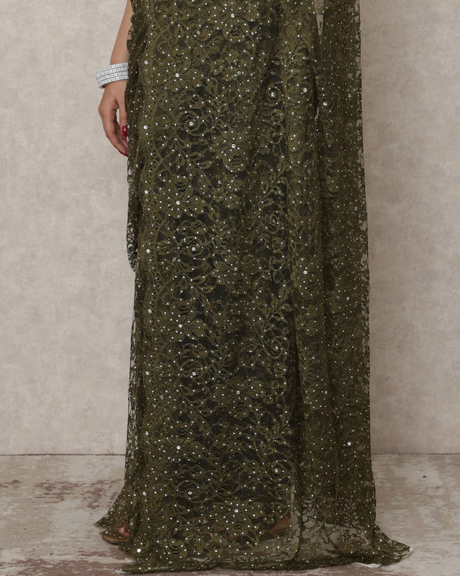 Deep Olive Green Premium French Chantilly Lace Saree with Stone Work, 5.5 Mtrs Length, 110 Cms Width, Made in France-D24429