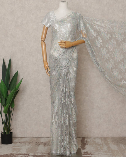 Iridescent Silver Premium French Metallic Chantilly Lace Saree Fabric with Stone Work – 5.5 Meters Length, 110 Cms Width, Imported from France-D25723